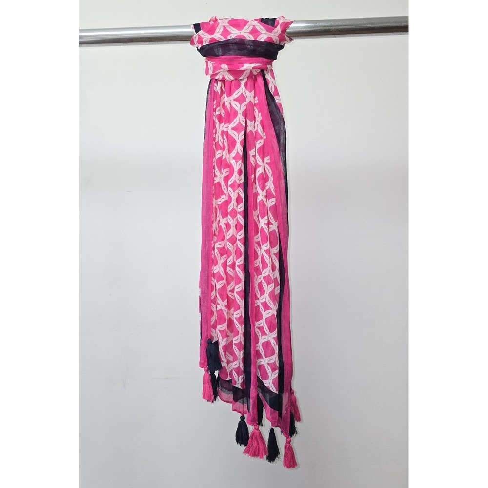 Crown & Ivy Long Pink Mosaic Printed Scarf Tassels Navy Preppy Women Lightweight - Picture 2 of 5